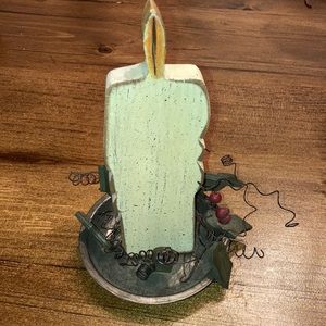 Wooden Candle Metal Base Holly Berry Leaves On Wire Decor